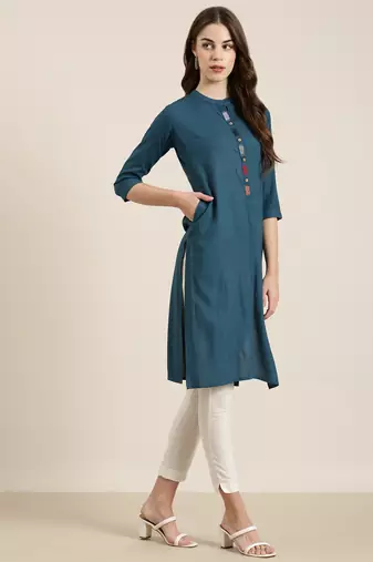 women's ankle length mandarin collar teal solid straight kurta