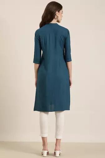 women's ankle length mandarin collar teal solid straight kurta