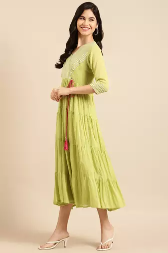 women's ankle length v-neck green solid a-line kurta