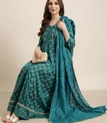 women's calf length v-neck green floral anarkali kurta comes with duppatta