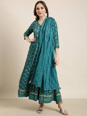women's calf length v-neck green floral anarkali kurta comes with duppatta 2
