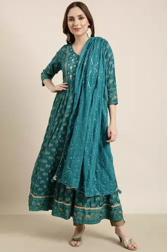 women's calf length v-neck green floral anarkali kurta comes with duppatta