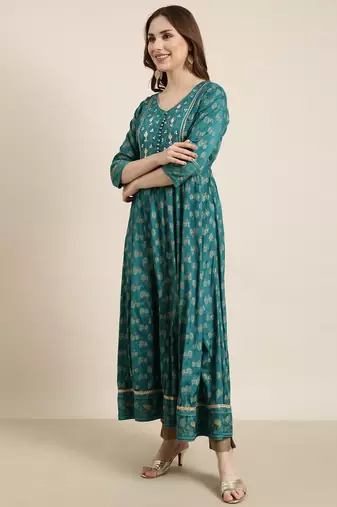 women's calf length v-neck green floral anarkali kurta comes with duppatta