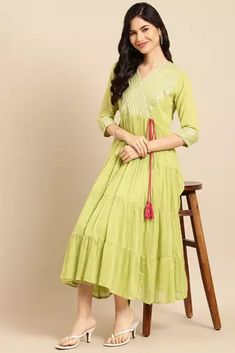 women's ankle length v-neck green solid a-line kurta