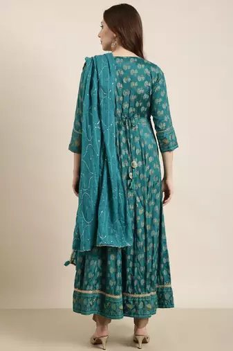 women's calf length v-neck green floral anarkali kurta comes with duppatta