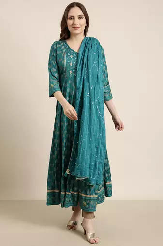 women's calf length v-neck green floral anarkali kurta comes with duppatta