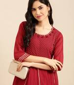 women's ankle length round neck maroon solid a-line kurta