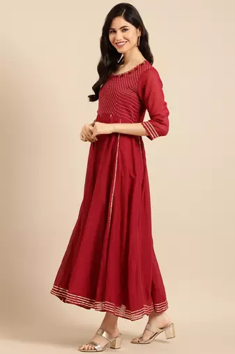 women's ankle length round neck maroon solid a-line kurta
