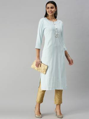 women's calf length mandarin collar blue striped straight kurta 1
