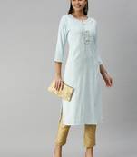 women's calf length mandarin collar blue striped straight kurta