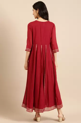 women's ankle length round neck maroon solid a-line kurta