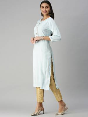 women's calf length mandarin collar blue striped straight kurta 2