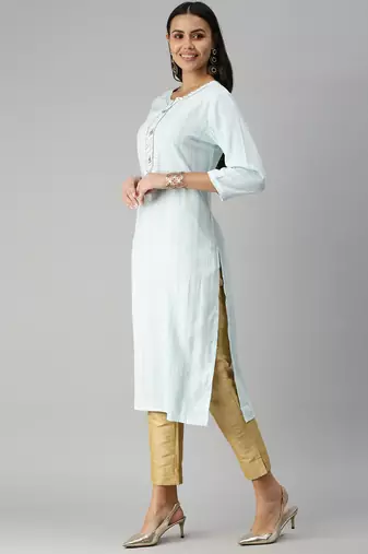 women's calf length mandarin collar blue striped straight kurta