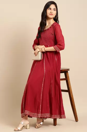 women's ankle length round neck maroon solid a-line kurta