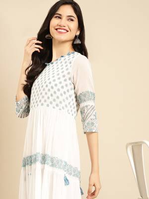 women's ankle length round neck white floral a-line kurta 1