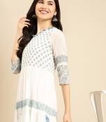 women's ankle length round neck white floral a-line kurta
