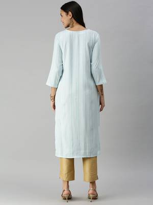 women's calf length mandarin collar blue striped straight kurta 3