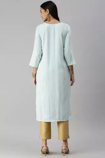 women's calf length mandarin collar blue striped straight kurta