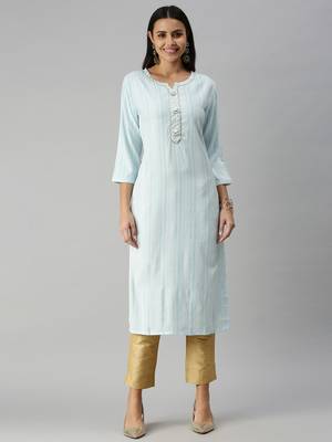 women's calf length mandarin collar blue striped straight kurta 4