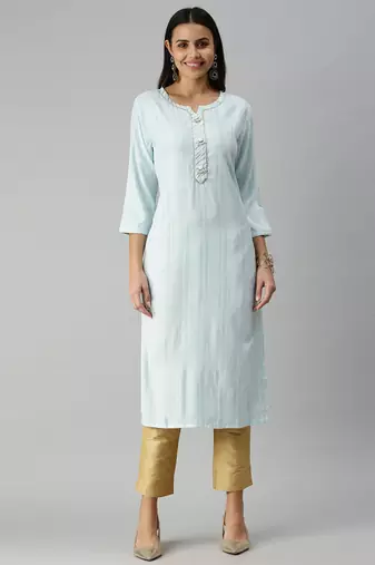 women's calf length mandarin collar blue striped straight kurta