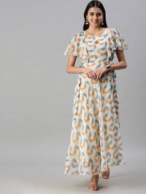 women's ankle length v-neck cream geometric anarkali kurta 2