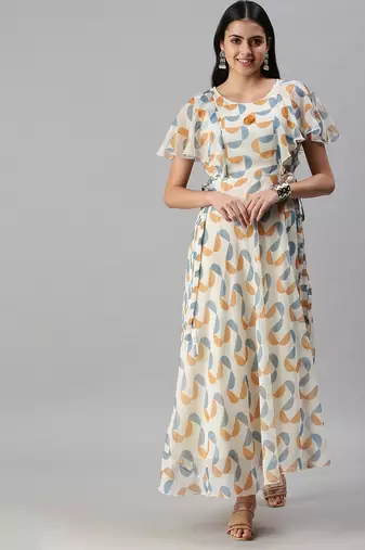 women's ankle length v-neck cream geometric anarkali kurta