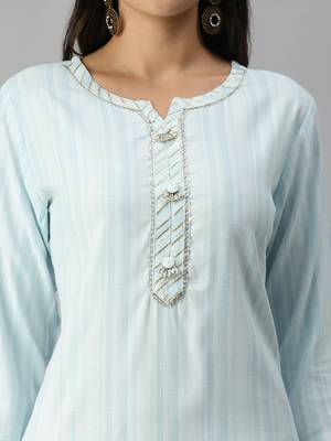 women's calf length mandarin collar blue striped straight kurta 5