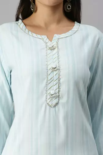 women's calf length mandarin collar blue striped straight kurta
