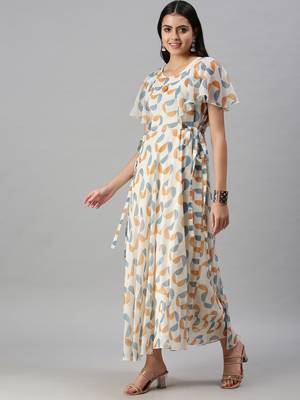 women's ankle length v-neck cream geometric anarkali kurta 3