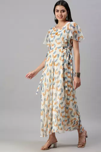 women's ankle length v-neck cream geometric anarkali kurta