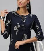 women's calf length round neck navy blue floral straight kurta