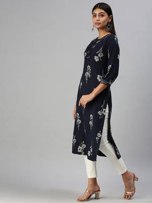 women's calf length round neck navy blue floral straight kurta 2