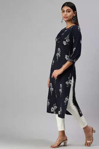 women's calf length round neck navy blue floral straight kurta