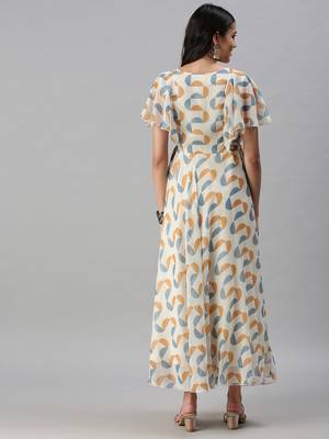 women's ankle length v-neck cream geometric anarkali kurta 4