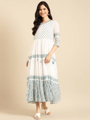 women's ankle length round neck white floral a-line kurta 3