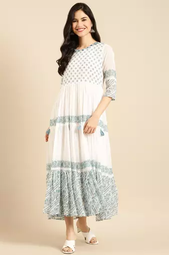 women's ankle length round neck white floral a-line kurta