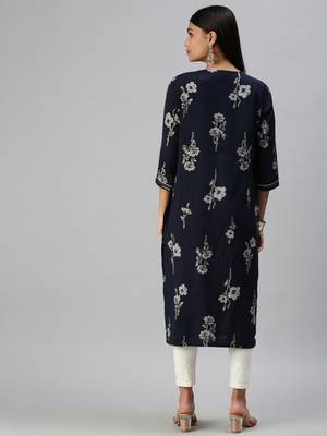 women's calf length round neck navy blue floral straight kurta 3