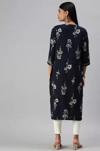 women's calf length round neck navy blue floral straight kurta