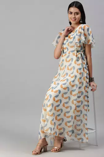women's ankle length v-neck cream geometric anarkali kurta
