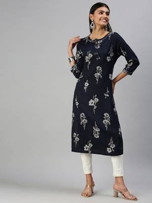 women's calf length round neck navy blue floral straight kurta 4