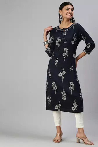 women's calf length round neck navy blue floral straight kurta