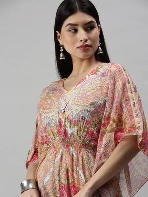 women's calf length v-neck multi floral kaftan kurta 1