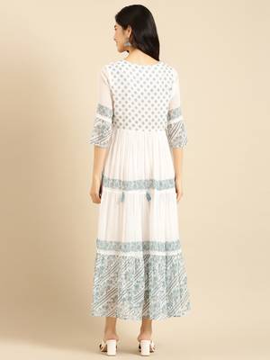 women's ankle length round neck white floral a-line kurta 4