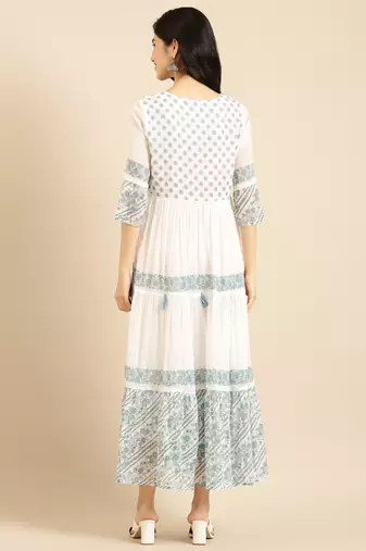women's ankle length round neck white floral a-line kurta