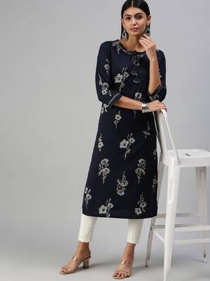 women's calf length round neck navy blue floral straight kurta 5