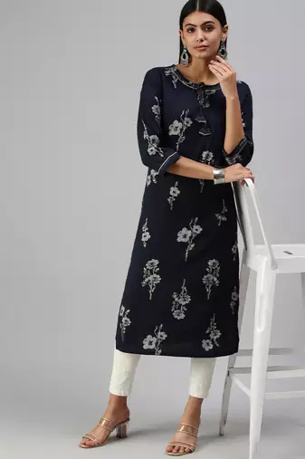 women's calf length round neck navy blue floral straight kurta