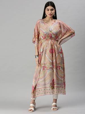 women's calf length v-neck multi floral kaftan kurta 2