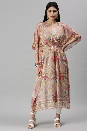 women's calf length v-neck multi floral kaftan kurta