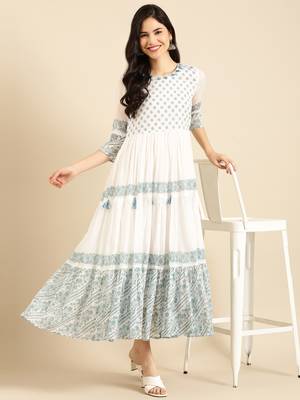 women's ankle length round neck white floral a-line kurta 5