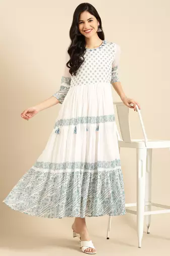 women's ankle length round neck white floral a-line kurta